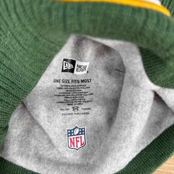 New Era Green Bay Packers Pom Beanie Knit Hat OSFM Gray Yellow NFL Fleece NWOT - Picture 4 of 7